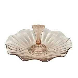 Vintage Blush Pink Depression Glass Tidbit Candy Serving Tray Scalloped Edge